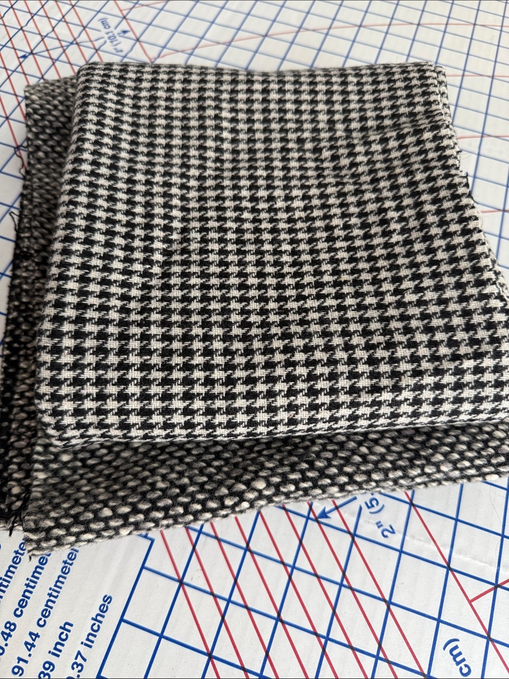 Vintage Wool Fabric Remnants Lot Black Cream Houndstooth & Nubby Tweed 1950s 60s